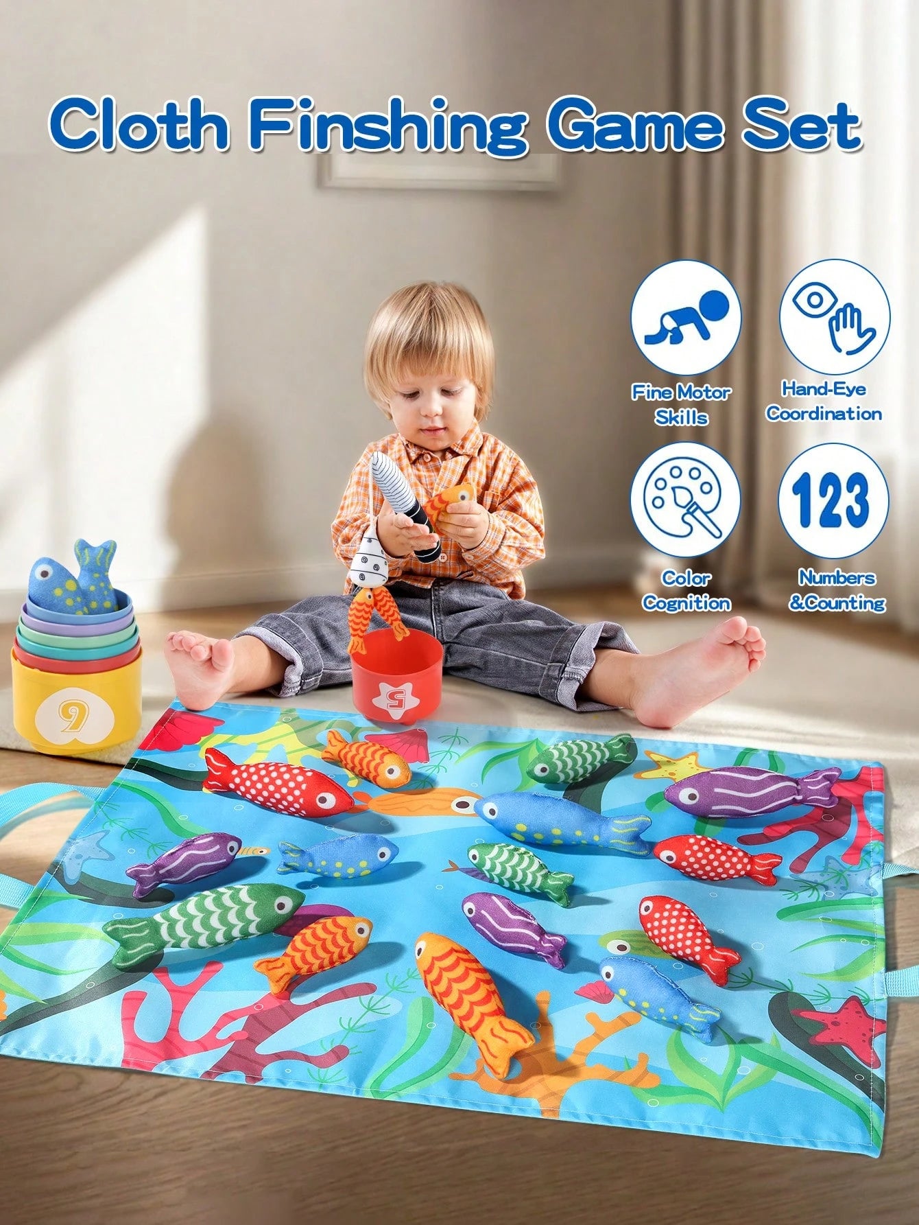 1 Set Toddler Fabric Fishing Toy Magic Hook And Loop Color & Number Matching Fish Fishing Toy Set With Stacking Cups, Multiple Ways To Play, Foldable Storage Bag, Halloween Christmas Back To School Th