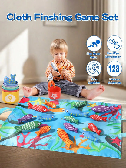 1 Set Toddler Fabric Fishing Toy Magic Hook And Loop Color & Number Matching Fish Fishing Toy Set With Stacking Cups, Multiple Ways To Play, Foldable Storage Bag, Halloween Christmas Back To School Th