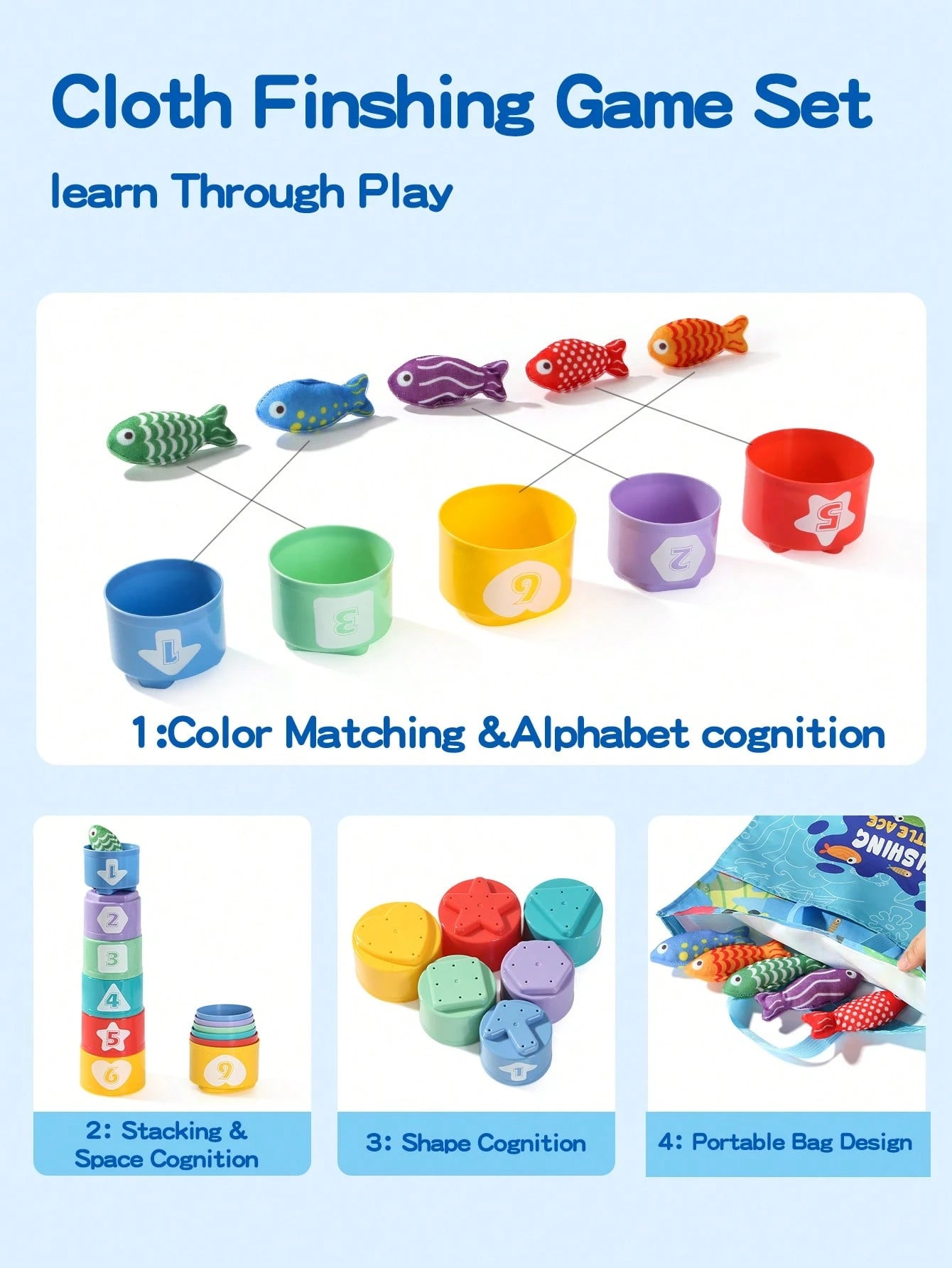 1 Set Toddler Fabric Fishing Toy Magic Hook And Loop Color & Number Matching Fish Fishing Toy Set With Stacking Cups, Multiple Ways To Play, Foldable Storage Bag, Halloween Christmas Back To School Th