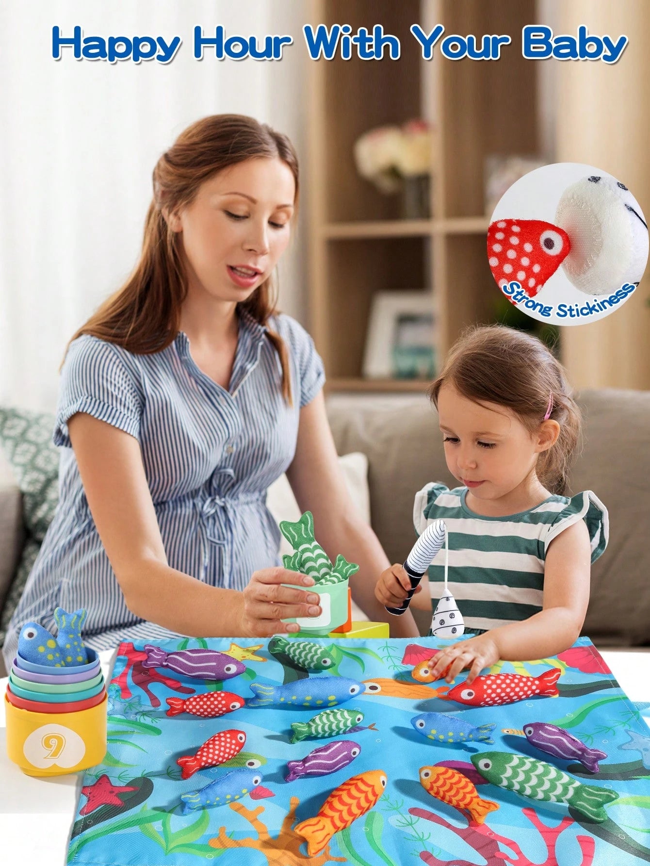 1 Set Toddler Fabric Fishing Toy Magic Hook And Loop Color & Number Matching Fish Fishing Toy Set With Stacking Cups, Multiple Ways To Play, Foldable Storage Bag, Halloween Christmas Back To School Th