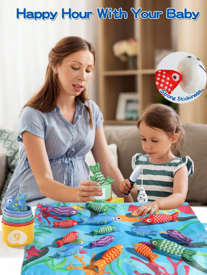 1 Set Toddler Fabric Fishing Toy Magic Hook And Loop Color & Number Matching Fish Fishing Toy Set With Stacking Cups, Multiple Ways To Play, Foldable Storage Bag, Halloween Christmas Back To School Th