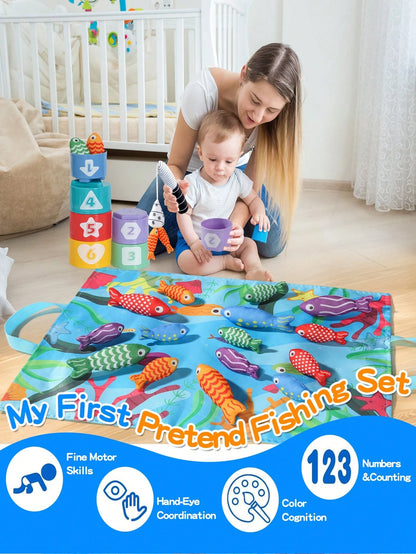 1 Set Toddler Fabric Fishing Toy Magic Hook And Loop Color & Number Matching Fish Fishing Toy Set With Stacking Cups, Multiple Ways To Play, Foldable Storage Bag, Halloween Christmas Back To School Th