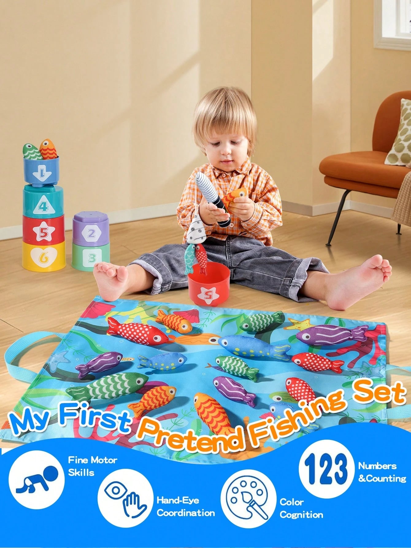 1 Set Toddler Fabric Fishing Toy Magic Hook And Loop Color & Number Matching Fish Fishing Toy Set With Stacking Cups, Multiple Ways To Play, Foldable Storage Bag, Halloween Christmas Back To School Th