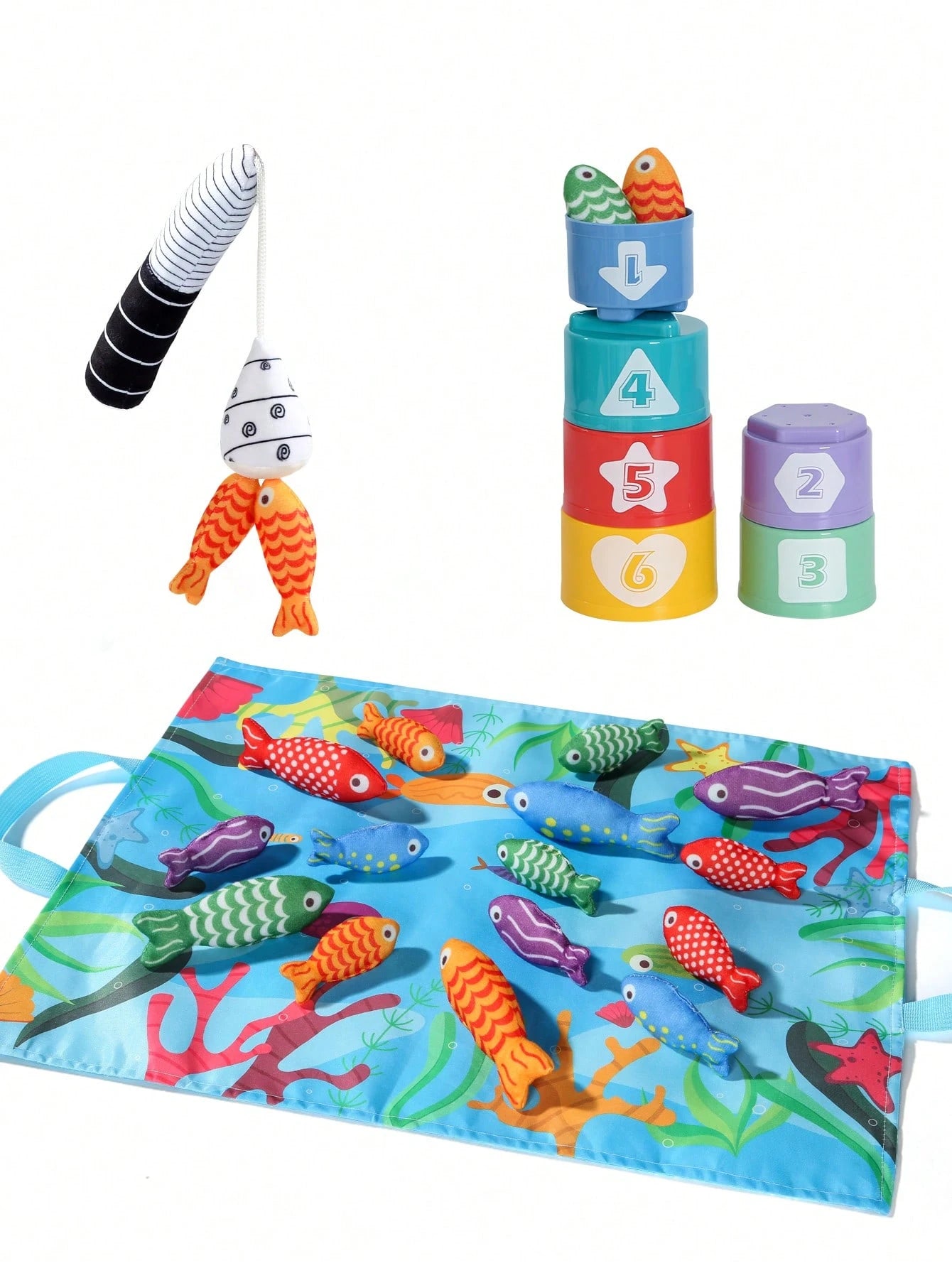 1 Set Toddler Fabric Fishing Toy Magic Hook And Loop Color & Number Matching Fish Fishing Toy Set With Stacking Cups, Multiple Ways To Play, Foldable Storage Bag, Halloween Christmas Back To School Th