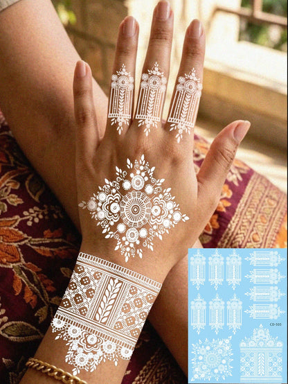 1 Sheet Traditional White Henna Mehndi Tattoo Stickers, Waterproof Intricate Floral Hand Wrist Finger Transfer Stickers, Long Lasting Fake Tattoos For Religious Ceremony Arabian Party Hand Ornament