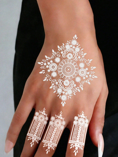 1 Sheet Traditional White Henna Mehndi Tattoo Stickers, Waterproof Intricate Floral Hand Wrist Finger Transfer Stickers, Long Lasting Fake Tattoos For Religious Ceremony Arabian Party Hand Ornament
