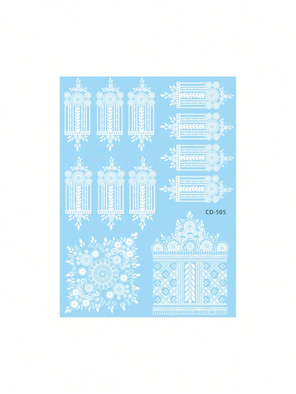 1 Sheet Traditional White Henna Mehndi Tattoo Stickers, Waterproof Intricate Floral Hand Wrist Finger Transfer Stickers, Long Lasting Fake Tattoos For Religious Ceremony Arabian Party Hand Ornament