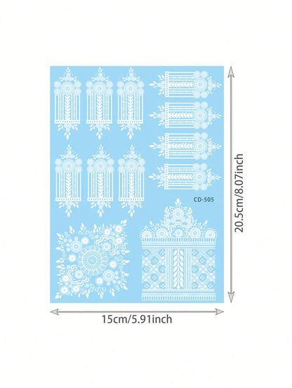 1 Sheet Traditional White Henna Mehndi Tattoo Stickers, Waterproof Intricate Floral Hand Wrist Finger Transfer Stickers, Long Lasting Fake Tattoos For Religious Ceremony Arabian Party Hand Ornament