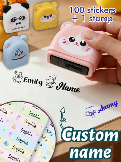 1 Stamp + 100 Stickers, Customized Name Stamp Set, Personalized Cute Cartoon Style Stamp, Suitable For Home, Office, 3 Ink Colors, Daily Organization, Customizable Gift For Friends And Family, Back To