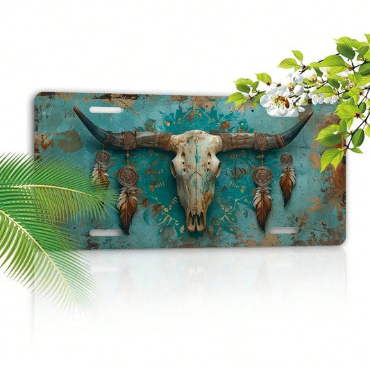 1 Vintage Bull Head License Plate, Used For- Aluminum Bull Horns And Bull Eyes Decoration, Only Compatible With Vehicle Accessories, Front License Plates, And Outdoor Vehicle Decoration