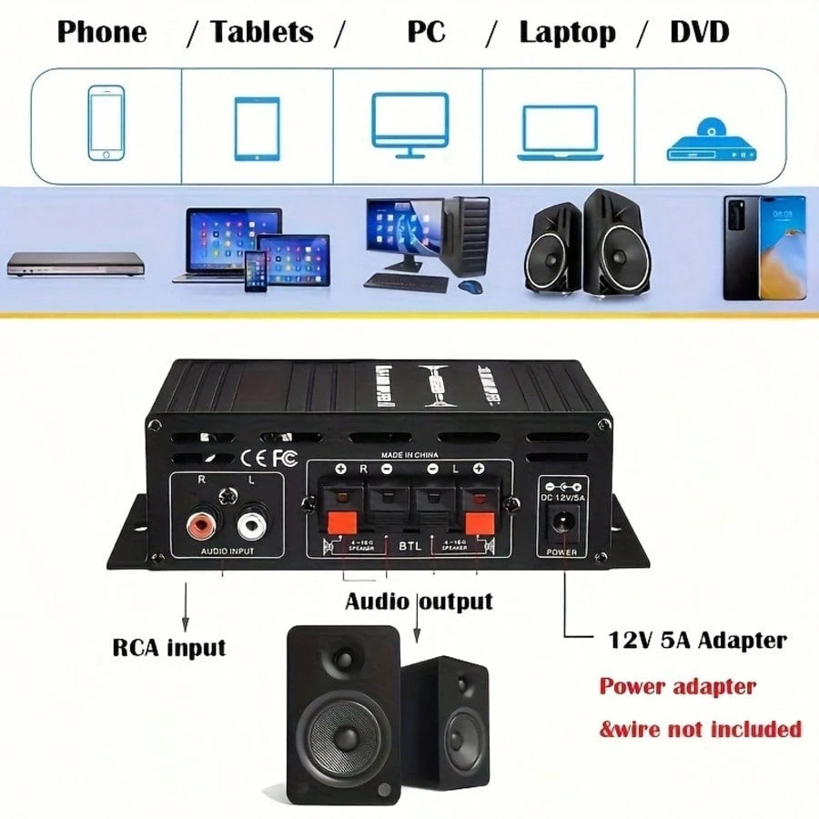 1 X 600W Dual-Channel Mini Power Amplifier, HiFi Stereo Compact Audio Power Amplifier, 2.0 Channels, Class AB, RCA/AUX Input, Bass And Treble Control, Sound Amplifier For Home, Computer And Car Music
