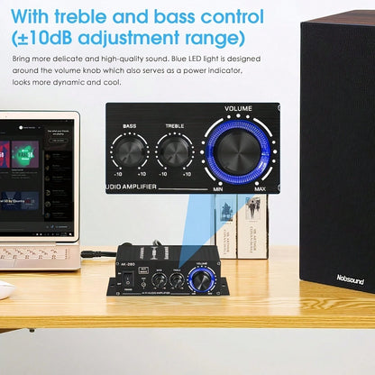 1 X 600W Dual-Channel Mini Power Amplifier, HiFi Stereo Compact Audio Power Amplifier, 2.0 Channels, Class AB, RCA/AUX Input, Bass And Treble Control, Sound Amplifier For Home, Computer And Car Music