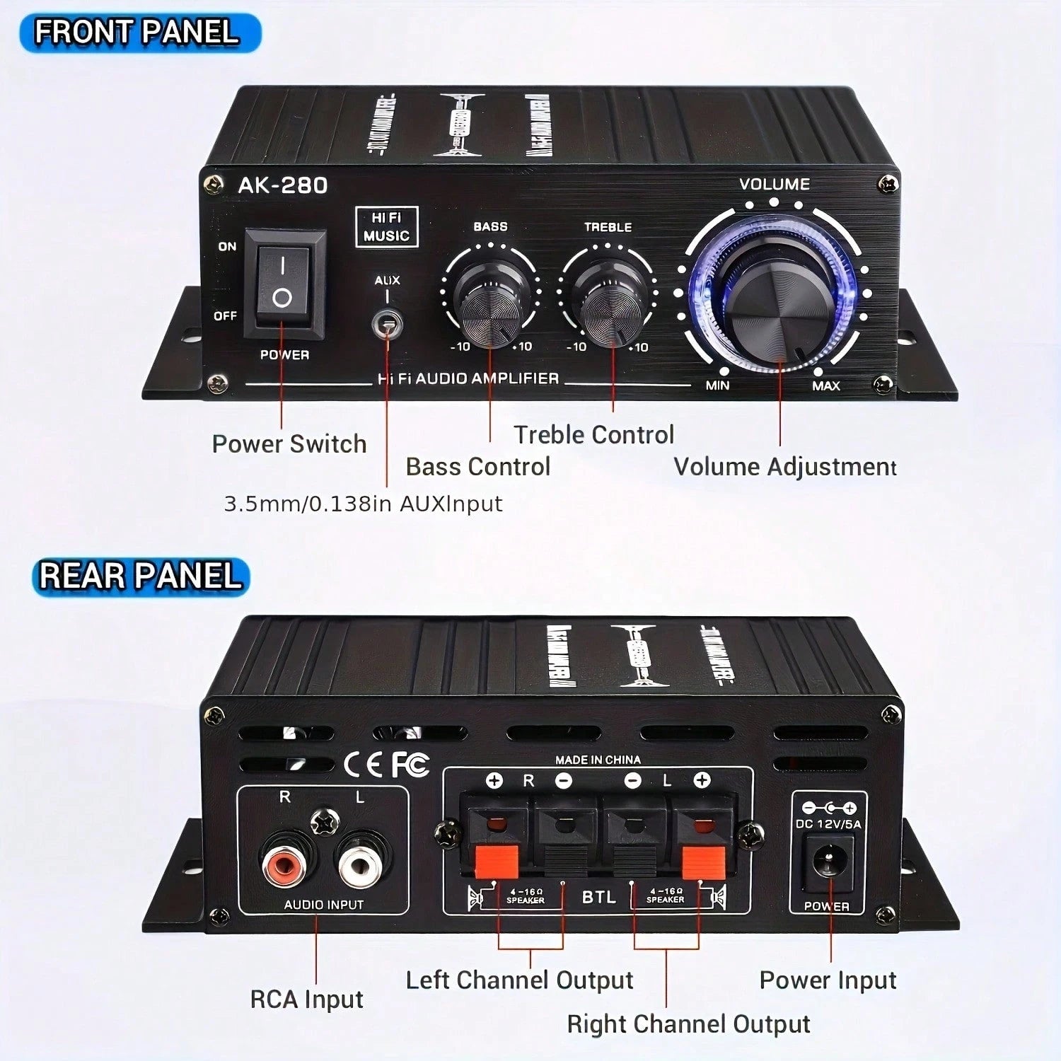 1 X 600W Dual-Channel Mini Power Amplifier, HiFi Stereo Compact Audio Power Amplifier, 2.0 Channels, Class AB, RCA/AUX Input, Bass And Treble Control, Sound Amplifier For Home, Computer And Car Music