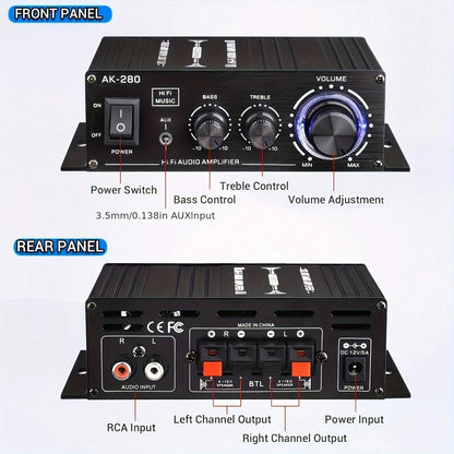 1 X 600W Dual-Channel Mini Power Amplifier, HiFi Stereo Compact Audio Power Amplifier, 2.0 Channels, Class AB, RCA/AUX Input, Bass And Treble Control, Sound Amplifier For Home, Computer And Car Music