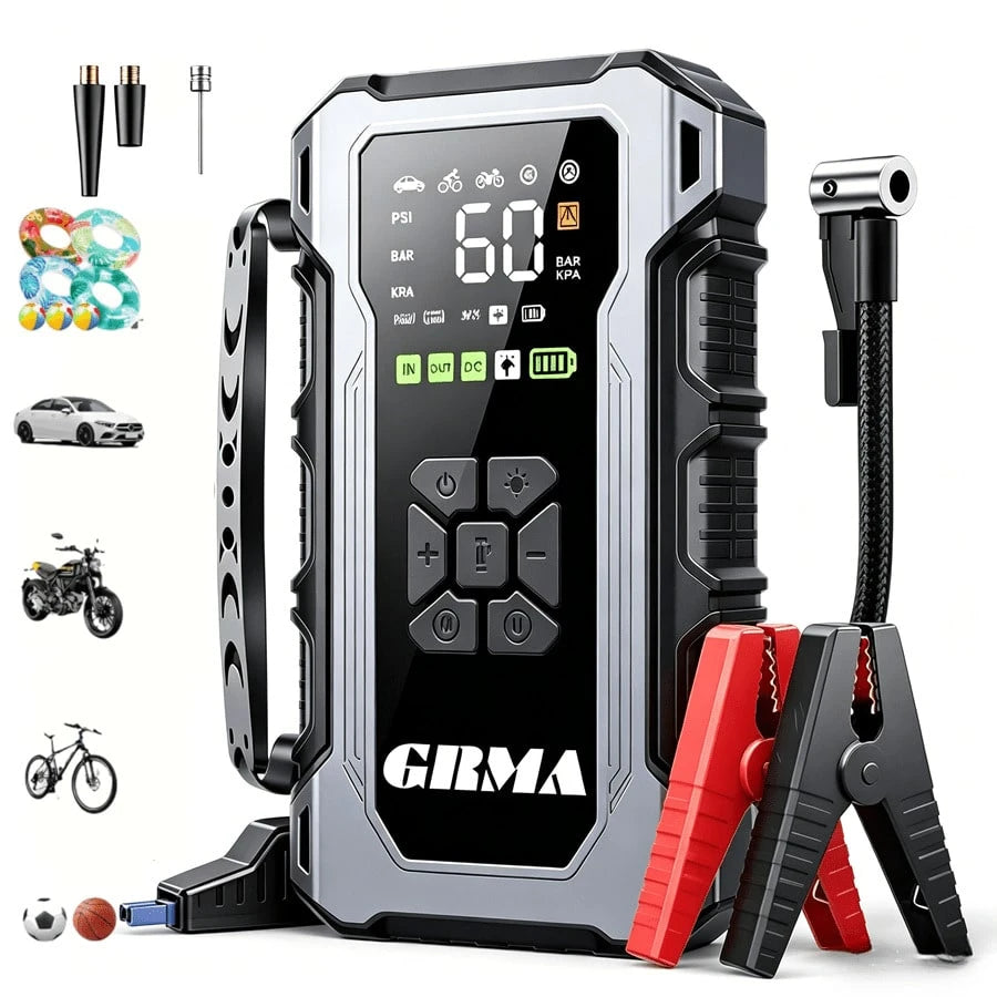 10-In-1 Multi-Functional Emergency Start Power Supply With Air Pump, 150PSL Portable Car Battery Starter, Digital Tire Inflator, Suitable For 2.64 Gallon Gasoline Or 2.38 Gallon Battery, LED Emergenc