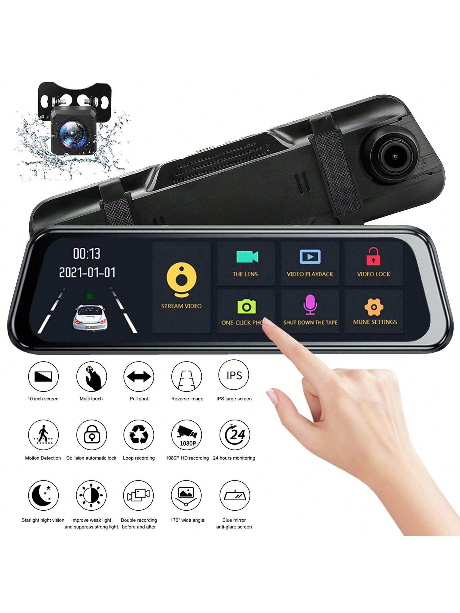 10'' Mirror Dash Cam, Rear View Mirror Camera With 1080P Rear Camera, Dash Cam Front And Rear, Dual Dash Camera For Cars, Parking Monitoring