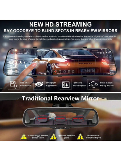 10'' Mirror Dash Cam, Rear View Mirror Camera With 1080P Rear Camera, Dash Cam Front And Rear, Dual Dash Camera For Cars, Parking Monitoring