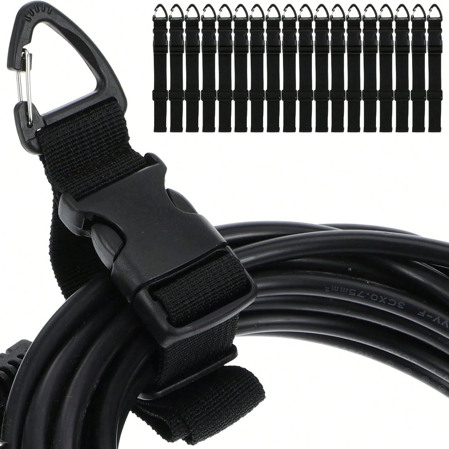 10-Pack Durable Adjustable Cable Organizer With Black Hooks- 17.72-Inch Polypropylene Workshop Garage Cable Management System, Black Adjustable Strap Extension Cord Holder, Cable Ties