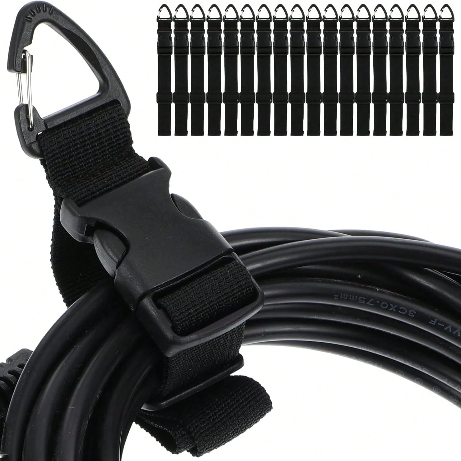 10-Pack Durable Adjustable Cable Organizer With Black Hooks- 17.72-Inch Polypropylene Workshop Garage Cable Management System, Black Adjustable Strap Extension Cord Holder, Cable Ties