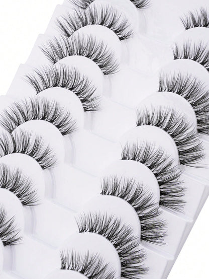 10 Pairs Natural Look False Eyelashes, Handmade Transparent Stem Lashes, Thin And Lightweight For No-Makeup Look, Reusable, Suitable For Women's Daily Makeup And Work