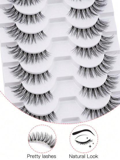 10 Pairs Natural Look False Eyelashes, Handmade Transparent Stem Lashes, Thin And Lightweight For No-Makeup Look, Reusable, Suitable For Women's Daily Makeup And Work