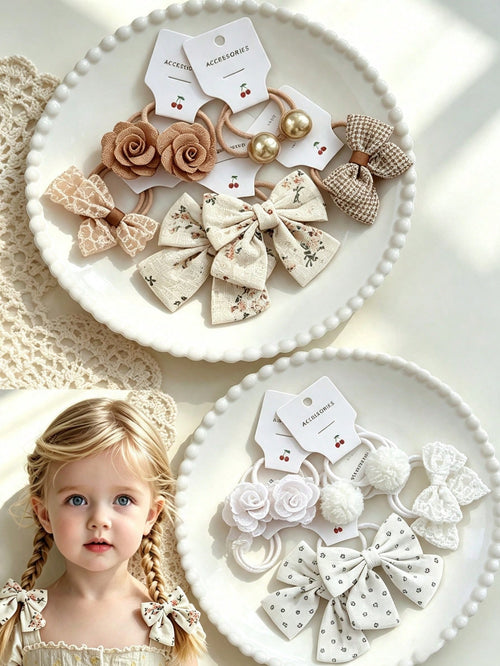 10-Piece Set Of Bow Hair Ties, Floral Plaid Fabric Hair Ties, Cute Flower Pom-Pom Hair Accessories For Little Girls, Suitable For Everyday Wear.