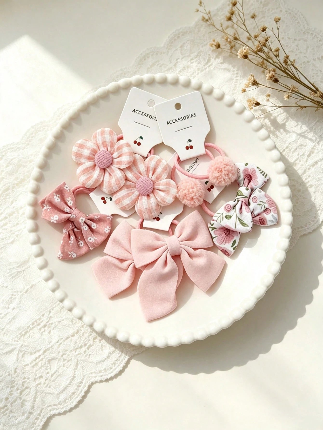 10-Piece Set Of Bow Hair Ties, Floral Plaid Fabric Hair Ties, Cute Flower Pom-Pom Hair Accessories For Little Girls, Suitable For Everyday Wear.