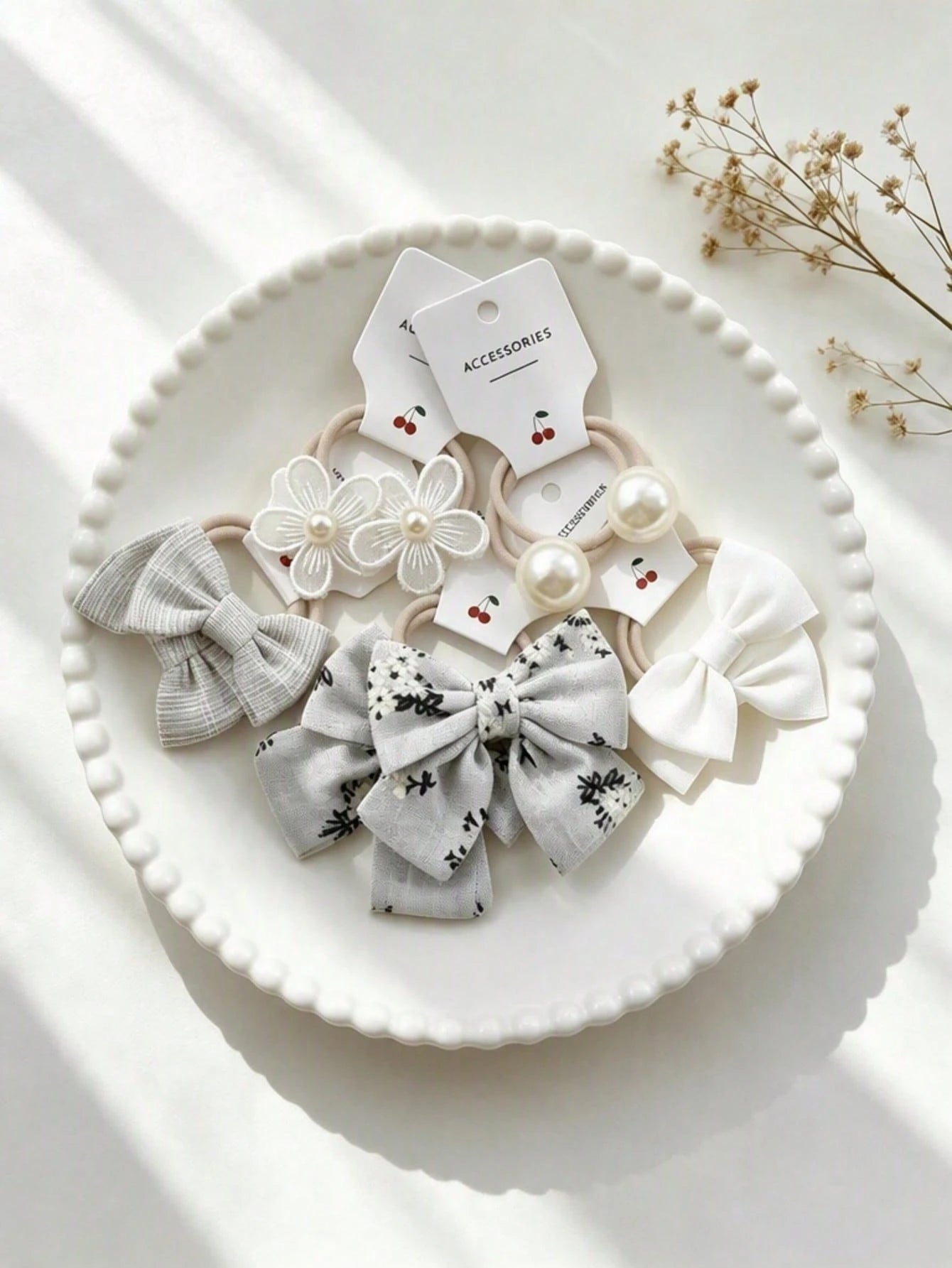 10-Piece Set Of Bow Hair Ties, Floral Plaid Fabric Hair Ties, Cute Flower Pom-Pom Hair Accessories For Little Girls, Suitable For Everyday Wear.