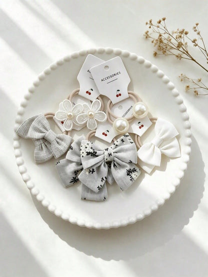 10-Piece Set Of Bow Hair Ties, Floral Plaid Fabric Hair Ties, Cute Flower Pom-Pom Hair Accessories For Little Girls, Suitable For Everyday Wear.
