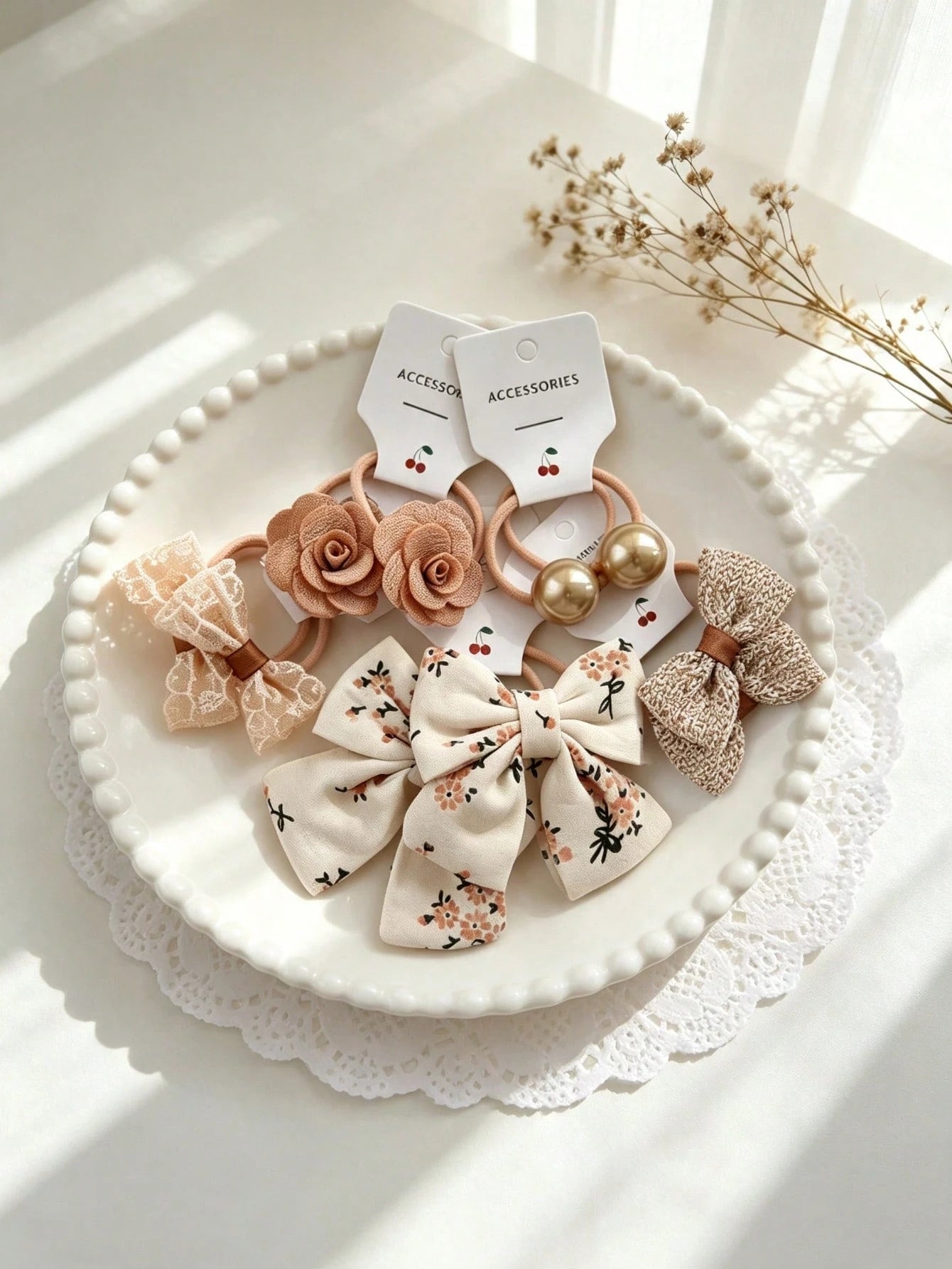 10-Piece Set Of Bow Hair Ties, Floral Plaid Fabric Hair Ties, Cute Flower Pom-Pom Hair Accessories For Little Girls, Suitable For Everyday Wear.