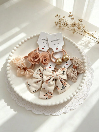 10-Piece Set Of Bow Hair Ties, Floral Plaid Fabric Hair Ties, Cute Flower Pom-Pom Hair Accessories For Little Girls, Suitable For Everyday Wear.