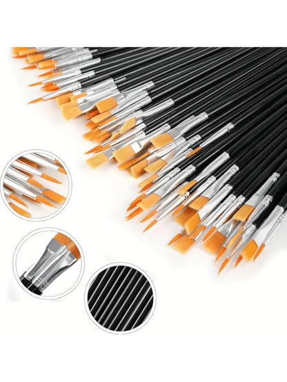 100/200pcs Paint Brush Set- Washable Nylon Bristles, Flat & Round Detailed Mini Brushes Suitable For Acrylic, Oil, Watercolor Painting- Perfect For Crafts (Black),Back To School,School Supplies