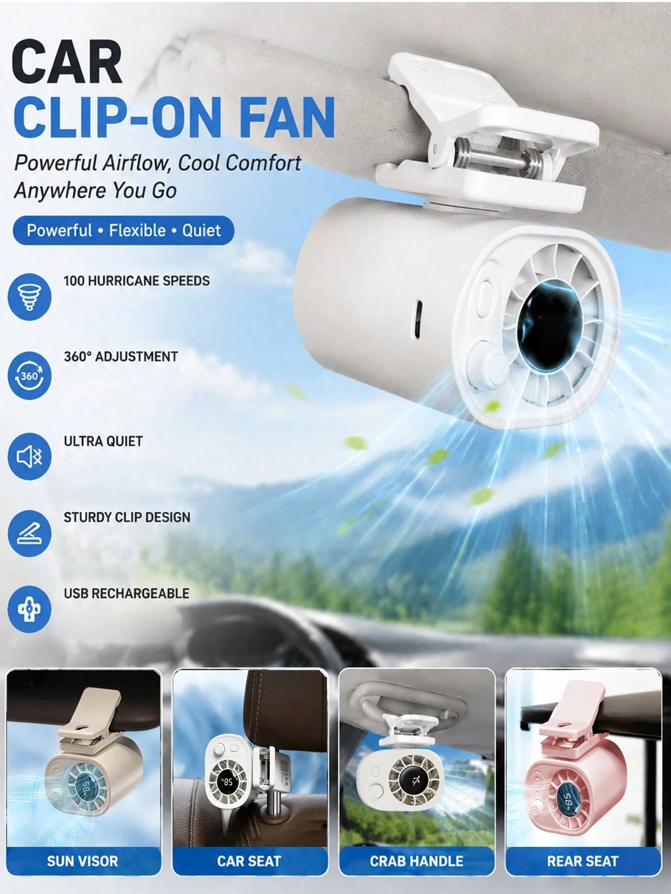 100 Speeds Car Clip-On Fan Adjustable USB Rechargeable LED Display 1200mAh Clip-On Portable Fan With 360° Rotation, Pocket Size Summer Cooling Essentials For Travel/Beach/Concert/Car/Hiking Gifts Cli
