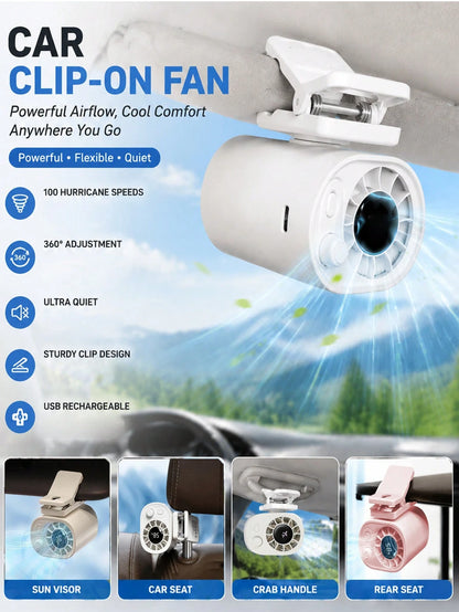 100 Speeds Car Clip-On Fan Adjustable USB Rechargeable LED Display 1200mAh Clip-On Portable Fan With 360° Rotation, Pocket Size Summer Cooling Essentials For Travel/Beach/Concert/Car/Hiking Gifts Cli