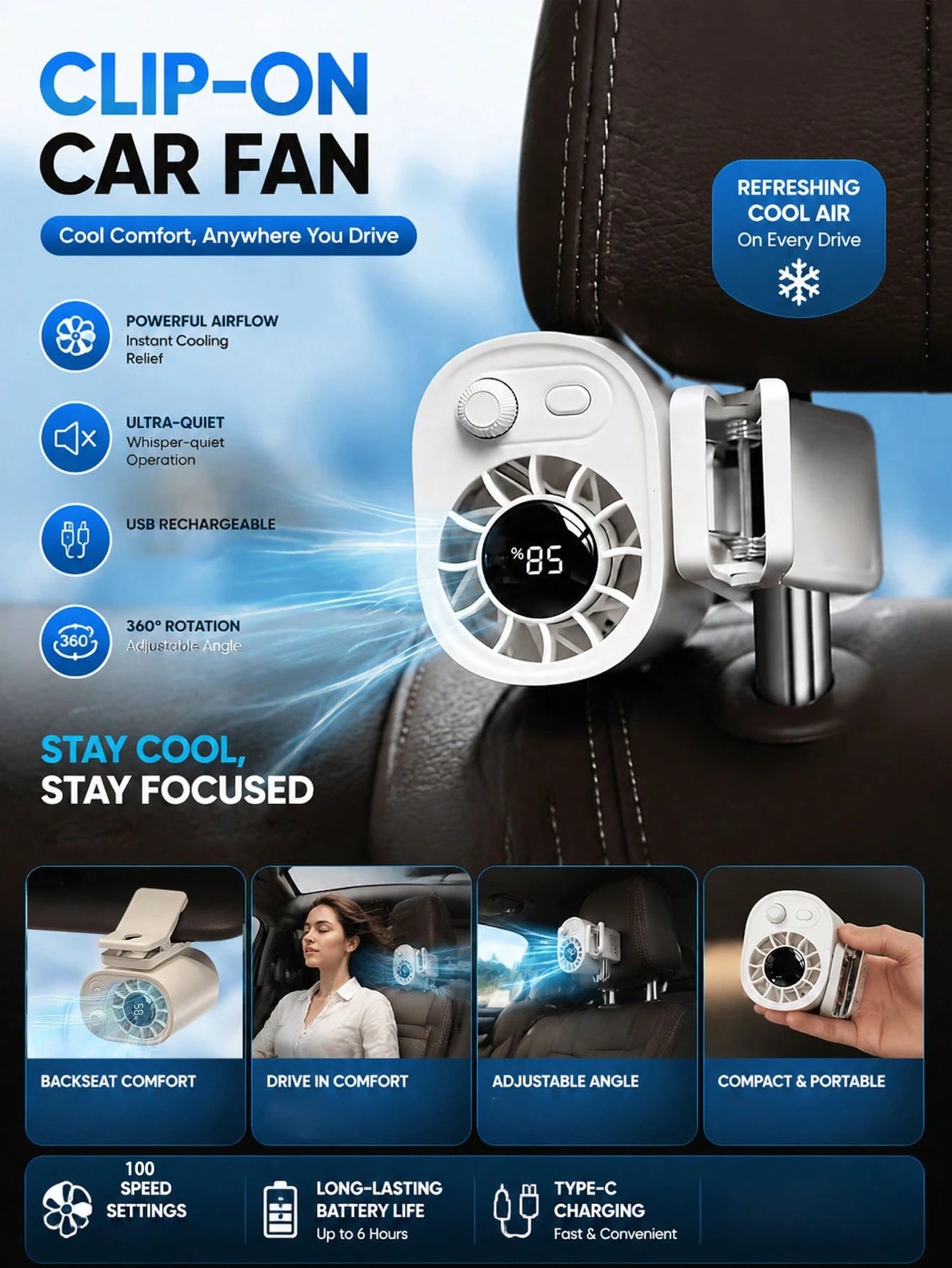 100 Speeds Car Clip-On Fan Adjustable USB Rechargeable LED Display 1200mAh Clip-On Portable Fan With 360° Rotation, Pocket Size Summer Cooling Essentials For Travel/Beach/Concert/Car/Hiking Gifts Cli