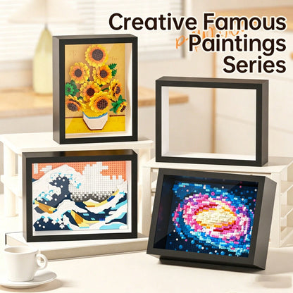 1000+Pcs Famous Painting Building Blocks Puzzle With Frame, Van Gogh Galaxy Pixel Art Blocks, Starry Night, The Great Wave Off Kanagawa, Sunflowers Frame, Assembled Famous Painting, Building Block Toy