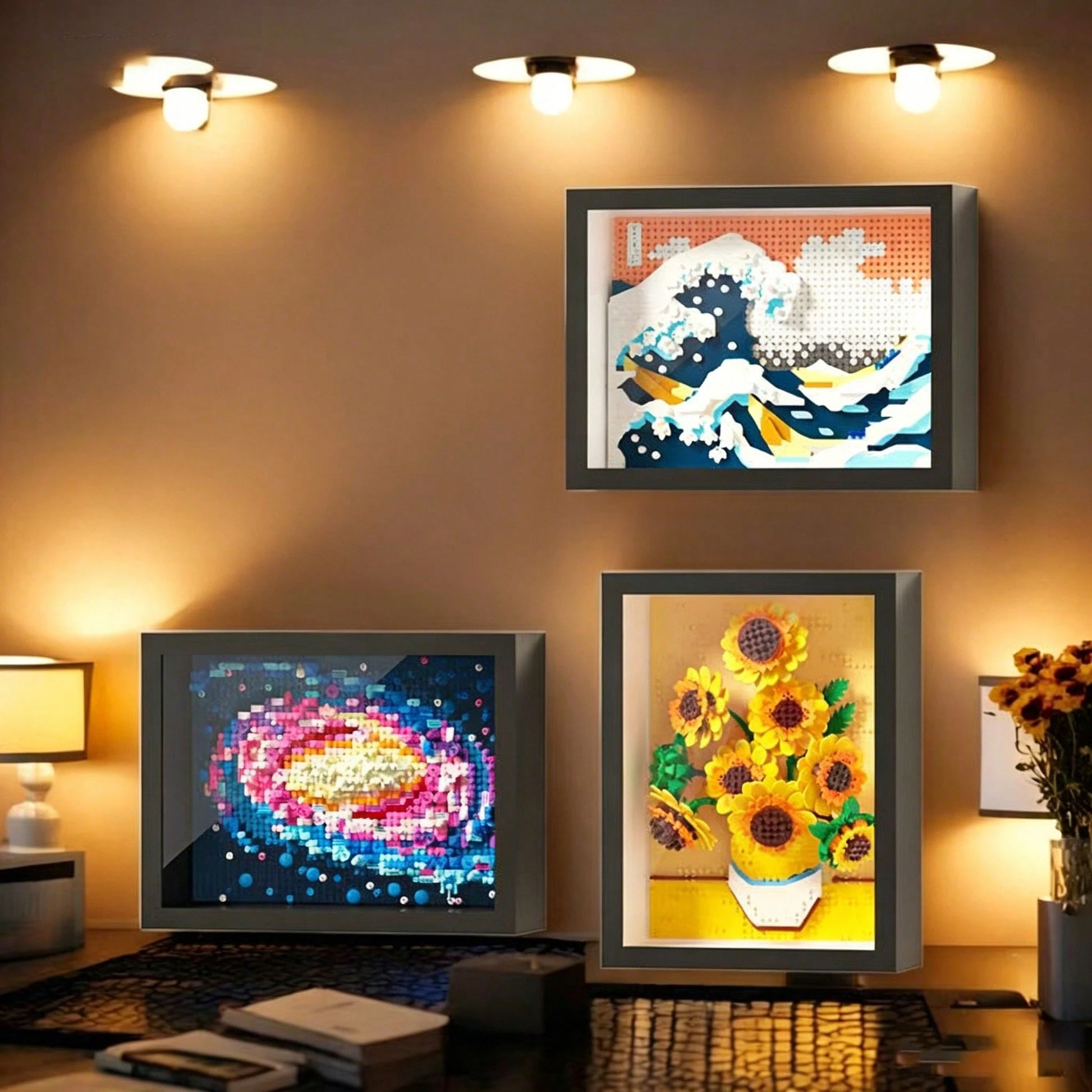 1000+Pcs Famous Painting Building Blocks Puzzle With Frame, Van Gogh Galaxy Pixel Art Blocks, Starry Night, The Great Wave Off Kanagawa, Sunflowers Frame, Assembled Famous Painting, Building Block Toy