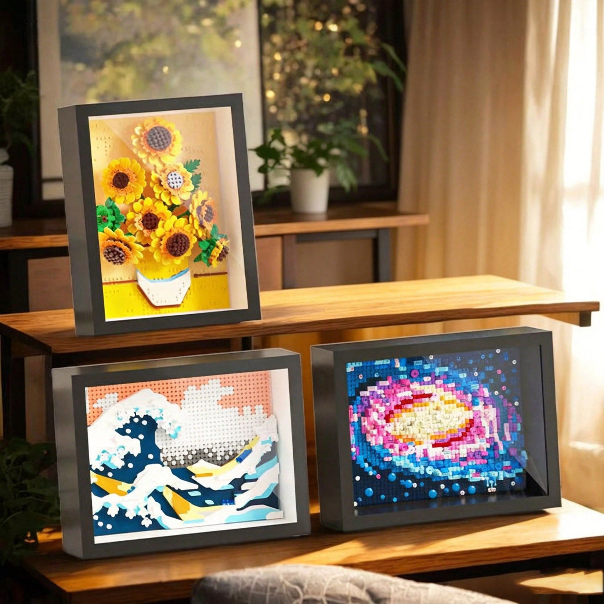 1000+Pcs Famous Painting Building Blocks Puzzle With Frame, Van Gogh Galaxy Pixel Art Blocks, Starry Night, The Great Wave Off Kanagawa, Sunflowers Frame, Assembled Famous Painting, Building Block Toy