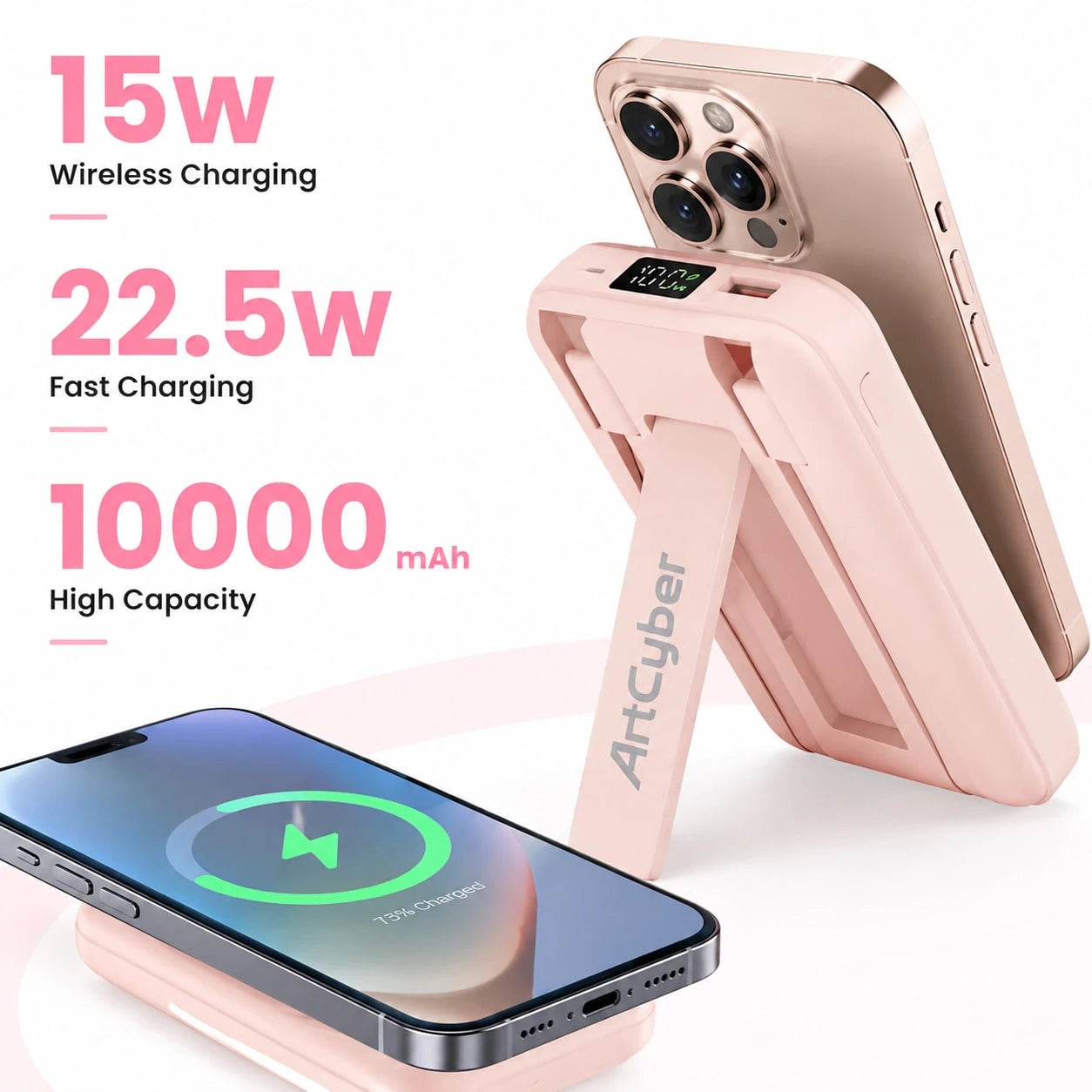 10000mAh Leisure Trip Magnetic Wireless Power Bank 15W Magnetic Charging 22.5W High-Speed Charging Foldable Phone Stand Built-In 2 Cables Digital Battery Display Multi-Device Charging Works With 12 1