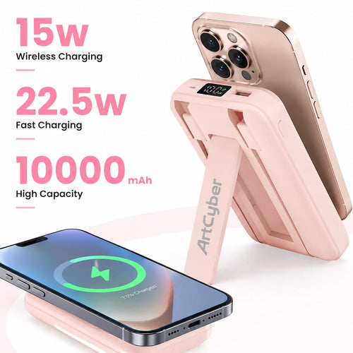 10000mAh Leisure Trip Magnetic Wireless Power Bank 15W Magnetic Charging 22.5W High-Speed Charging Foldable Phone Stand Built-In 2 Cables Digital Battery Display Multi-Device Charging Works With 12 1