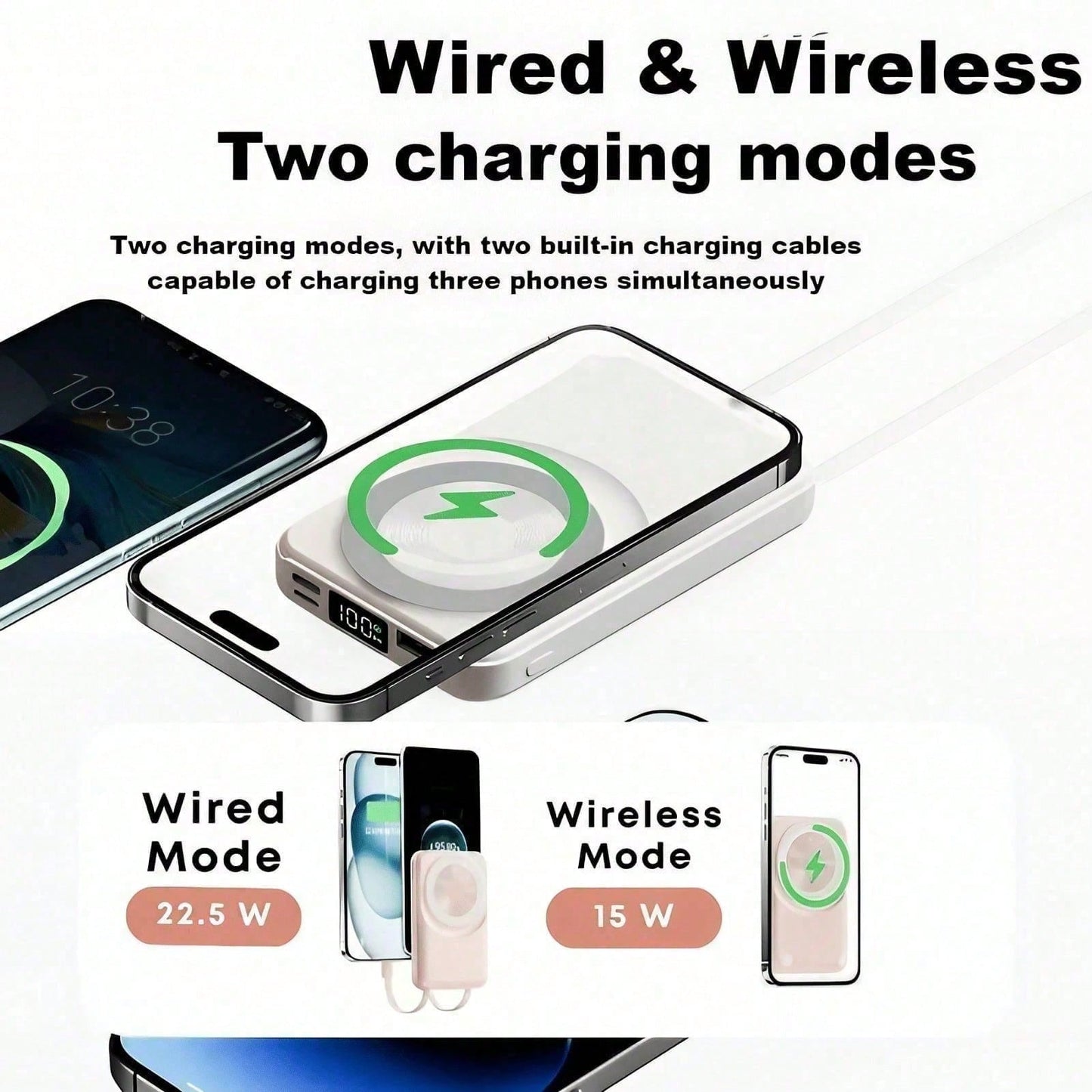 10000mAh Leisure Trip Magnetic Wireless Power Bank 15W Magnetic Charging 22.5W High-Speed Charging Foldable Phone Stand Built-In 2 Cables Digital Battery Display Multi-Device Charging Works With 12 1