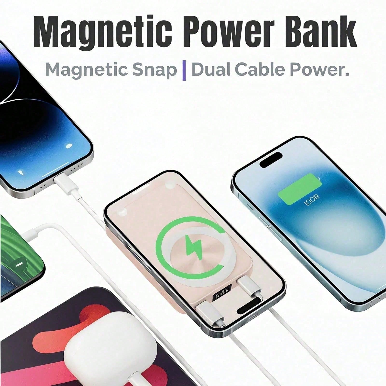 10000mAh Leisure Trip Magnetic Wireless Power Bank 15W Magnetic Charging 22.5W High-Speed Charging Foldable Phone Stand Built-In 2 Cables Digital Battery Display Multi-Device Charging Works With 12 1