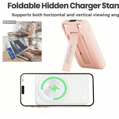 10000mAh Leisure Trip Magnetic Wireless Power Bank 15W Magnetic Charging 22.5W High-Speed Charging Foldable Phone Stand Built-In 2 Cables Digital Battery Display Multi-Device Charging Works With 12 1