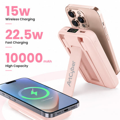 10000mAh Leisure Trip Magnetic Wireless Power Bank 15W Magnetic Charging 22.5W High-Speed Charging Foldable Phone Stand Built-In 2 Cables Digital Battery Display Multi-Device Charging Works With 12 1