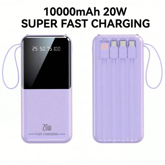10000mAh Portable Power Bank With Built-In Lightning, USB-C & USB Charging Cables, 20W Output, LED Digital Display, Flashlight, High-Capacity Battery Pack For Travel, Outdoor & Emergency Use