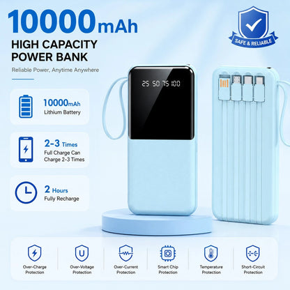 10000mAh Portable Power Bank With Built-In Lightning, USB-C & USB Charging Cables, 20W Output, LED Digital Display, Flashlight, High-Capacity Battery Pack For Travel, Outdoor & Emergency Use