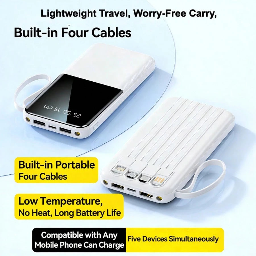10000mAh Portable Power Bank With Built-In Lightning, USB-C & USB Charging Cables, 20W Output, LED Digital Display, Flashlight, High-Capacity Battery Pack For Travel, Outdoor & Emergency Use