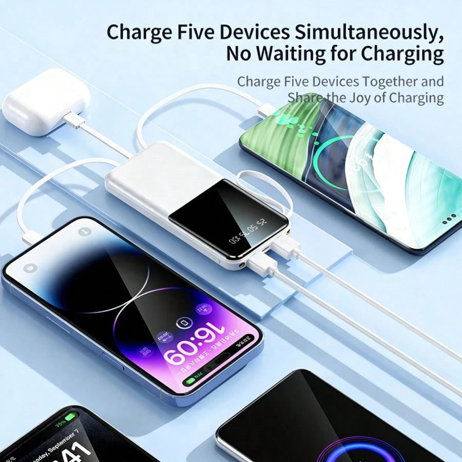 10000mAh Portable Power Bank With Built-In Lightning, USB-C & USB Charging Cables, 20W Output, LED Digital Display, Flashlight, High-Capacity Battery Pack For Travel, Outdoor & Emergency Use