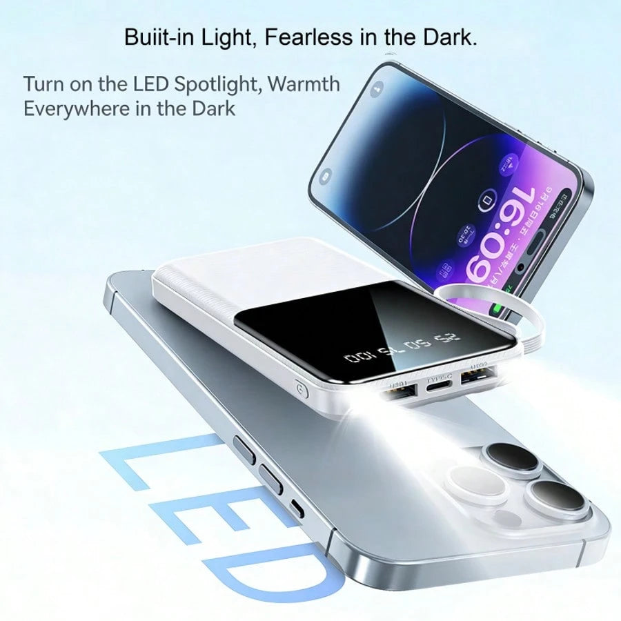 10000mAh Portable Power Bank With Built-In Lightning, USB-C & USB Charging Cables, 20W Output, LED Digital Display, Flashlight, High-Capacity Battery Pack For Travel, Outdoor & Emergency Use