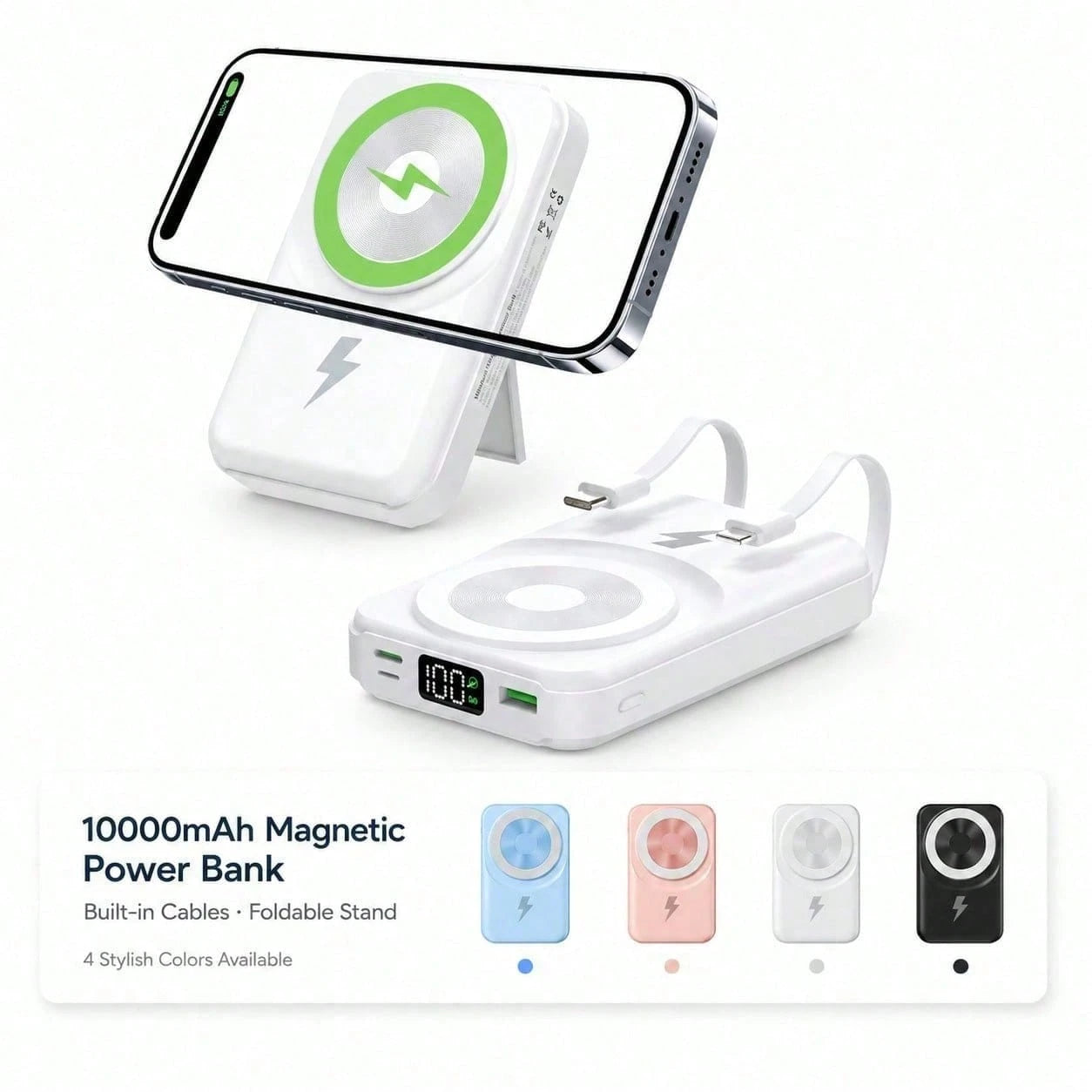 10000mAh Wireless Magnetic Power Bank With Kickstand, Dual Built-In Cables 15W Fast Magnetic Charging 22.5W Wired Charging, Travel Essentials Camping Essentials College Dorm Essentials Back To School